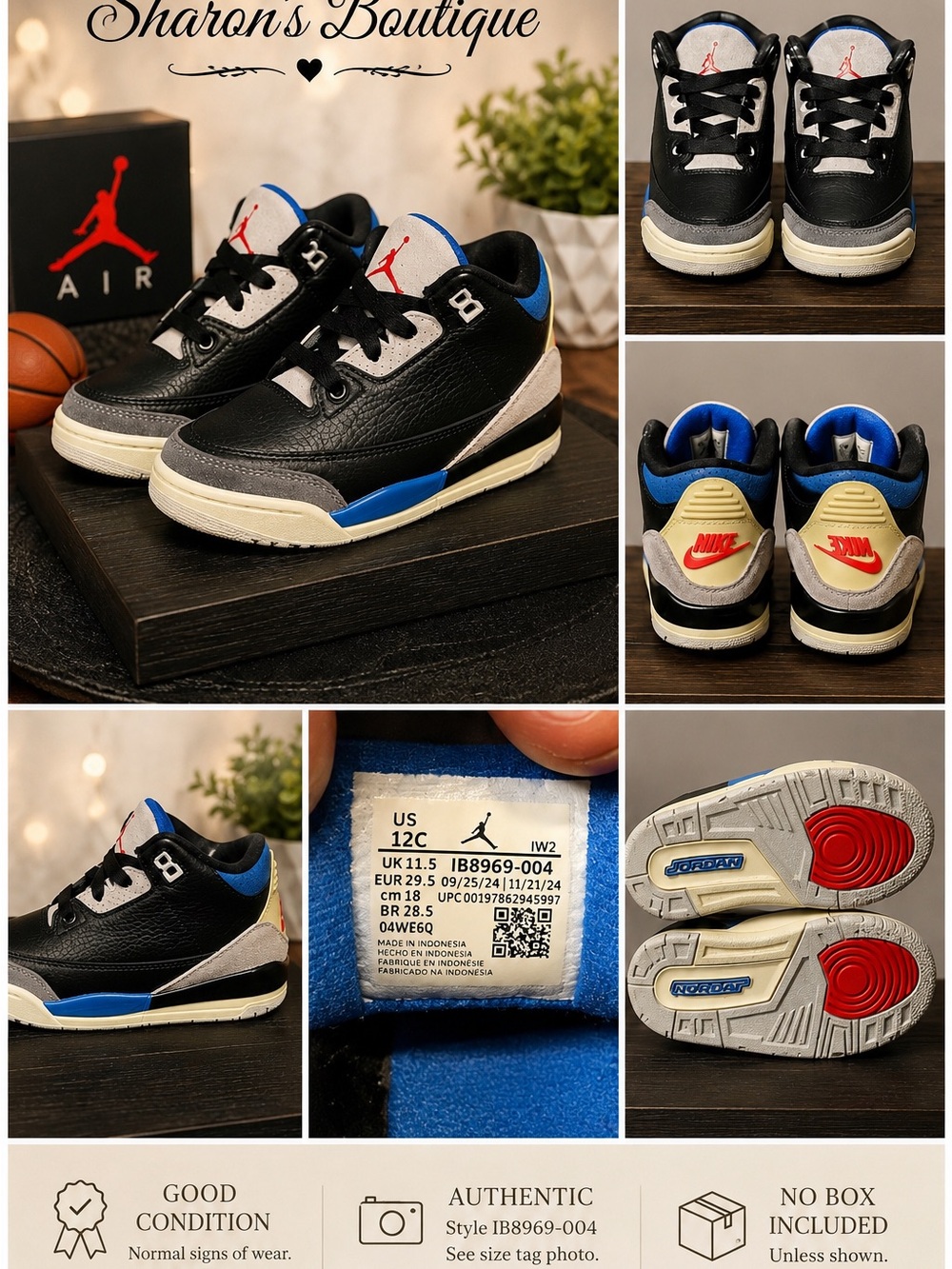 Air Jordan 3 Retro Rare Air Kids 12C Black Blue IB8969-004